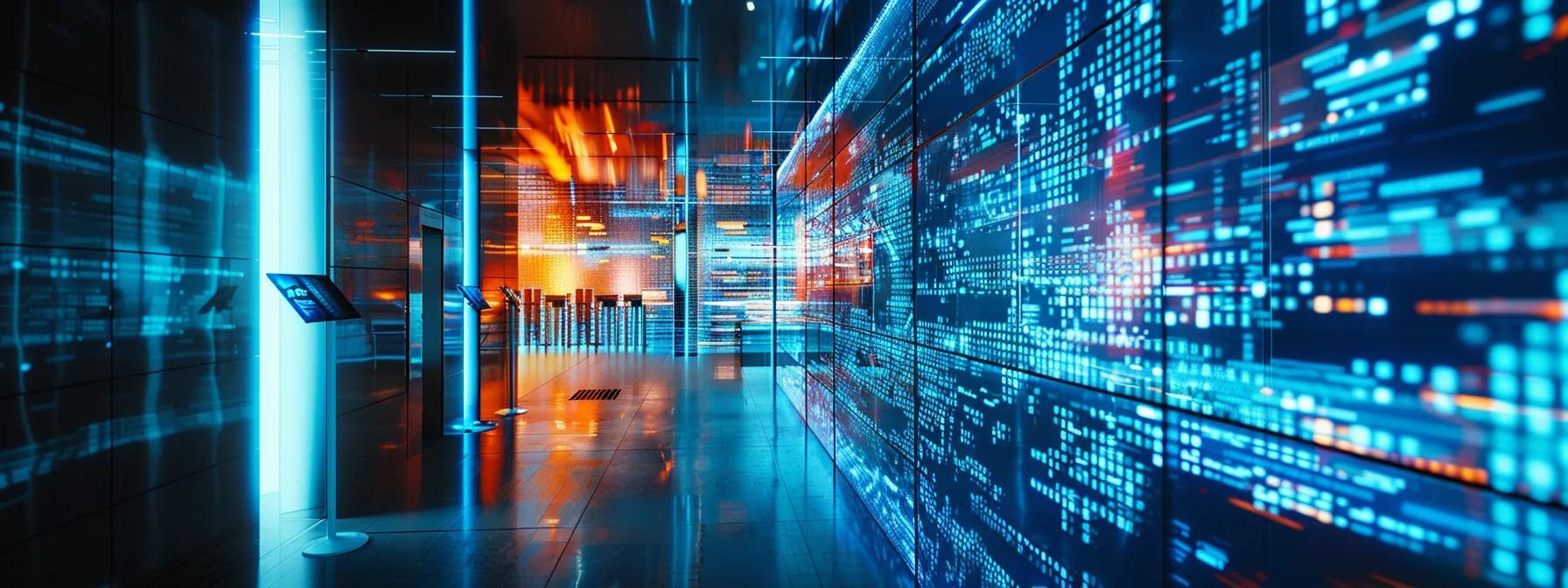 a sleek, modern office environment features a large digital display showcasing structured data concepts, with vibrant visual representations of schema markup elements highlighted in a professional layout, exuding a sense of innovation and clarity in data management.