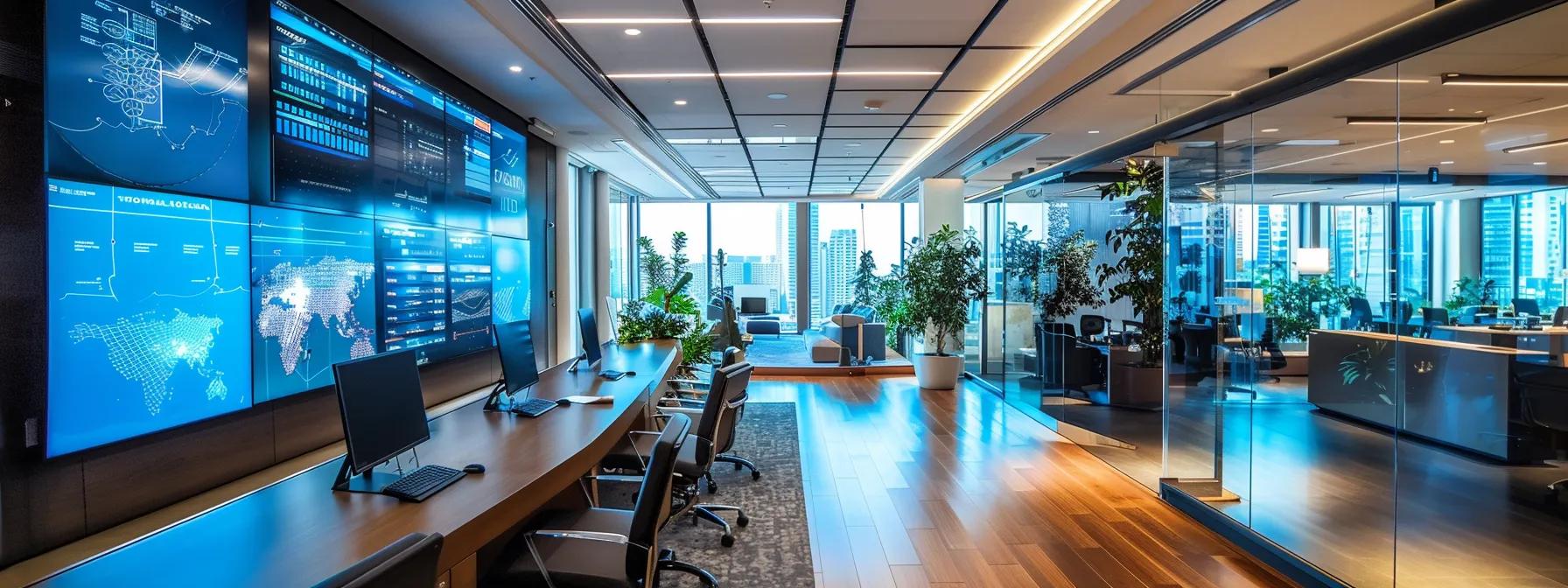 a sleek, modern office filled with glowing screens displaying complex data analytics and cybersecurity dashboards, illustrating the dynamic implementation of ai-driven incident response strategies in action.