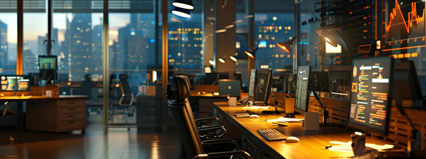 a sleek, modern office workspace filled with computer screens displaying organised data structures and analytics dashboards, showcasing the clarity and impact of structured data on content optimisation.