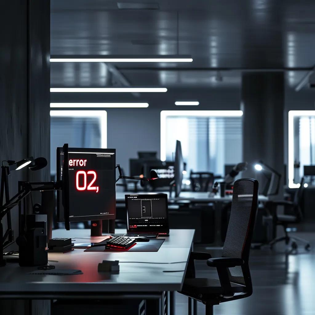 a sleek, modern office workspace is illuminated by harsh fluorescent lights, featuring a prominent computer screen displaying a stark error message, "error 02," creating a tense atmosphere of technical malfunction.