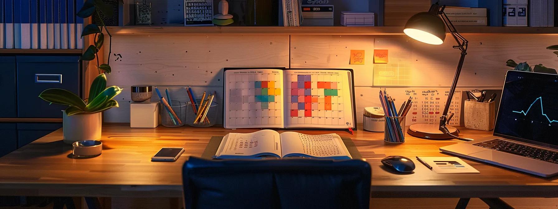 a sleek, modern workspace features an open bullet journal filled with colorful gel pen illustrations, organized layouts, and visually striking color-coded sections, illuminated by soft, focused desk lighting against a minimalist backdrop.