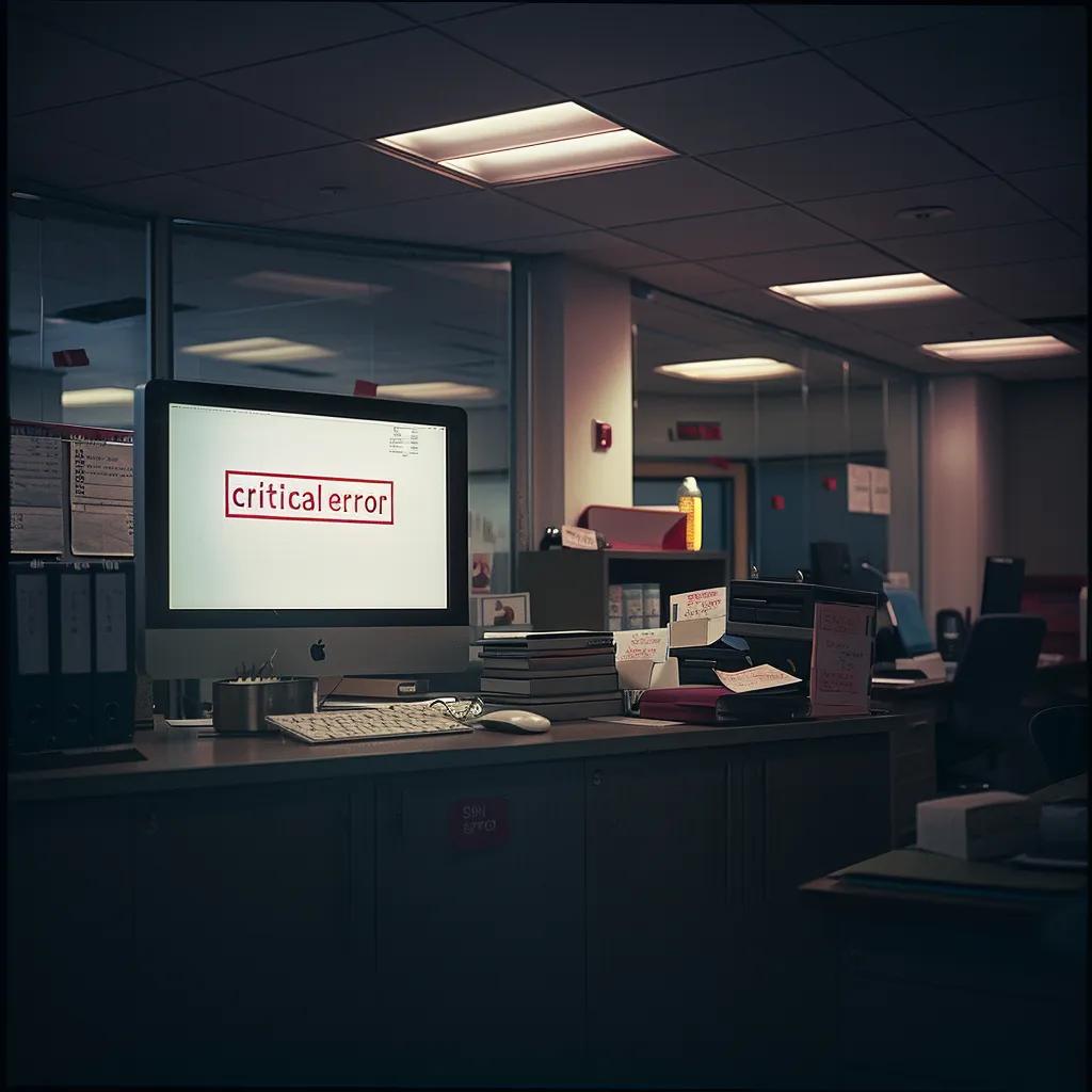 a stark, dimly-lit office environment showcases a computer screen displaying a large, bold "critical error" notification, casting an unsettling glow that highlights the tension in the air.