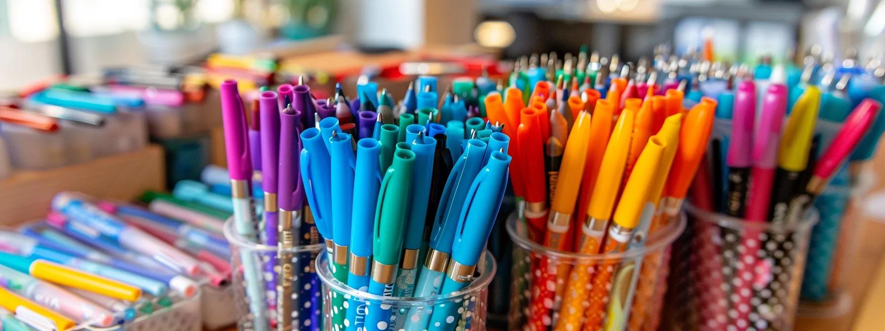 a stylish, modern workspace is filled with an array of vibrant gel pens from popular brands, each positioned meticulously in elegant holders, highlighting their unique colors and designs against a sleek desk backdrop, inviting creativity and expression in bullet journaling.