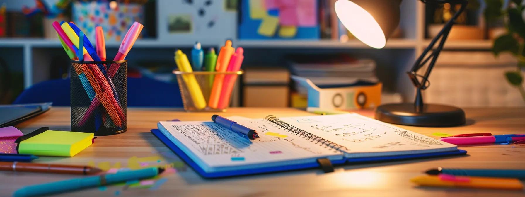 a vibrant, clutter-free desk is adorned with an array of colorful gel pens, an open bullet journal showcasing intricate doodles, layering techniques, and stylish lettering under the warm glow of a stylish desk lamp, inviting creativity and organization.