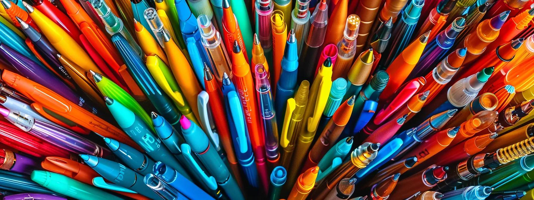a vibrant desk scene showcases an array of colorful gel pens artfully arranged among various writing instruments, highlighting their distinct textures and styles under bright office lighting.
