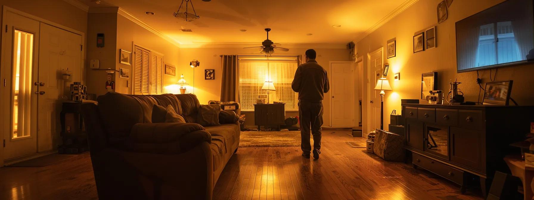 a vigilant homeowner inspects a fortified living room, featuring reinforced walls and strategic emergency supplies, illuminated by soft overhead lighting that highlights the secure, resilient design against potential earthquakes.
