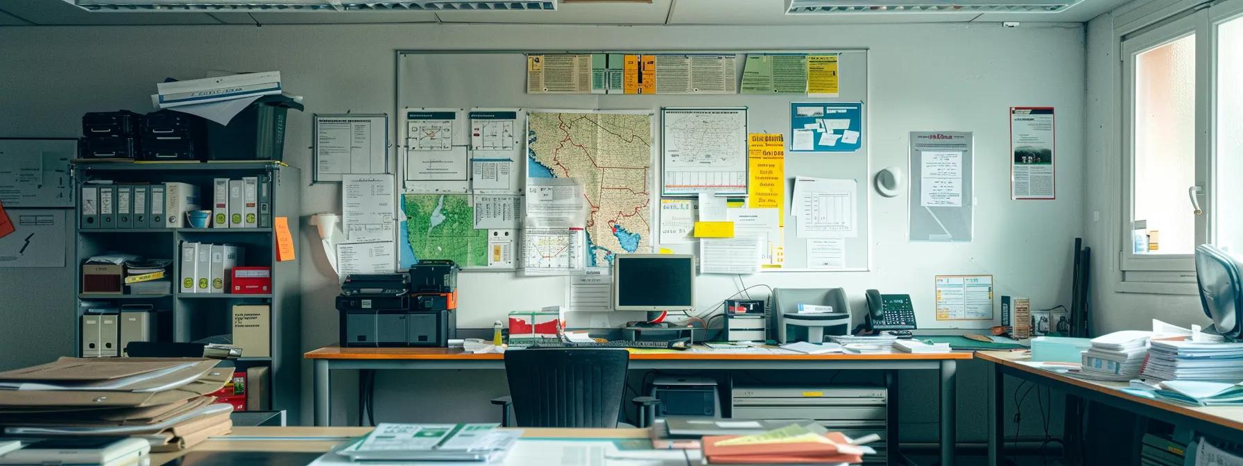 a well-organised office space featuring a large table laden with emergency planning materials, including maps, checklists, and an emergency kit, illuminated by bright overhead lights, symbolises the importance of preparedness in the event of an earthquake.