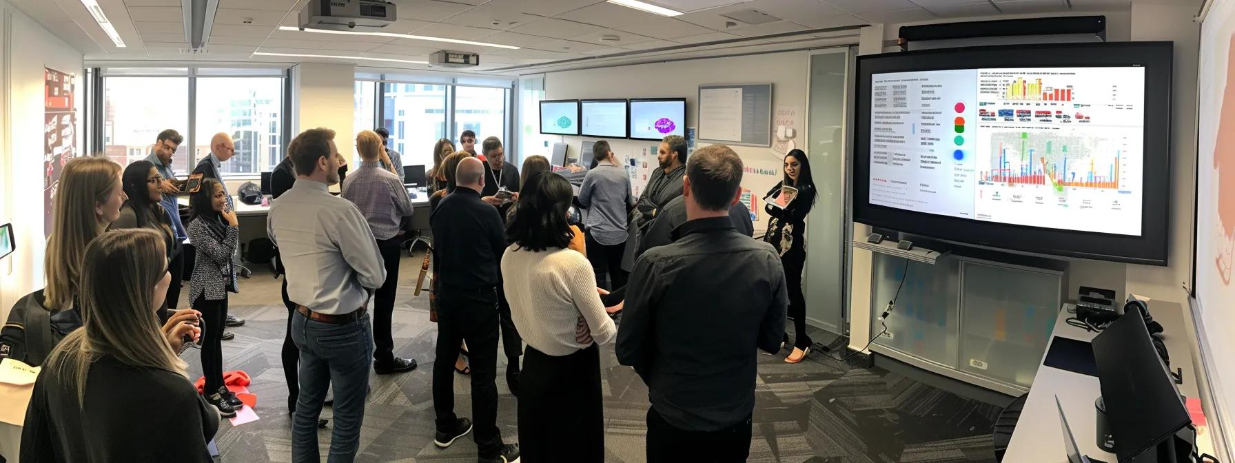 an engaging office setting featuring a diverse group of seo professionals gathered around a digital whiteboard, intensely discussing advanced strategies for structured data optimisation while displaying colourful infographic visuals and data analytics on screens.