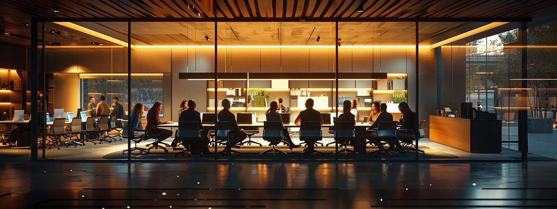 an engaging open office space, filled with diverse professionals brainstorming around a sleek conference table, illuminated by warm artificial lighting, emphasising creativity and collaboration in a modern business environment.