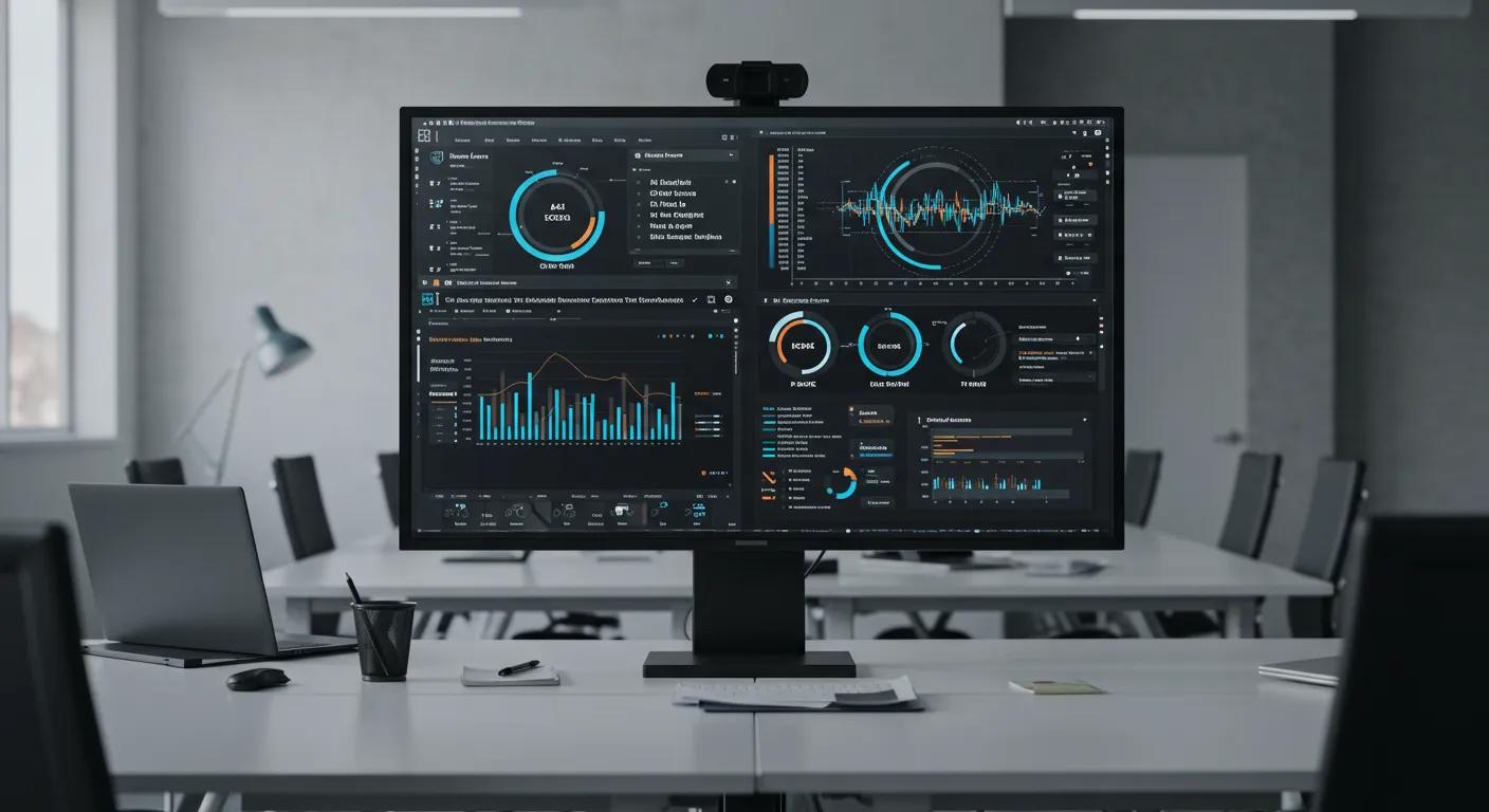 a sleek, modern office workspace features a large digital screen displaying intricate data visualizations and personalized content suggestions, symbolizing the dynamic role of recommender systems in enhancing ai information retrieval.