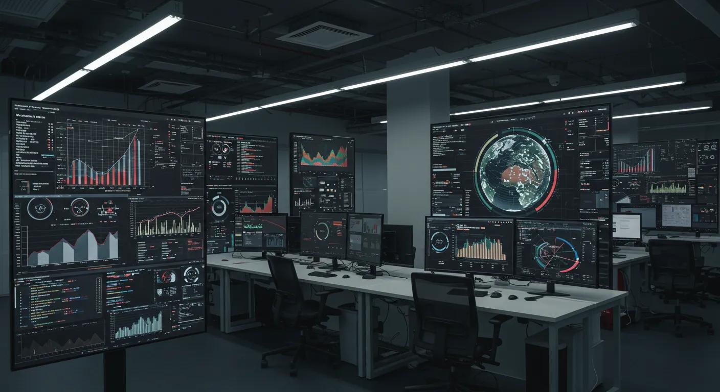 a sleek, modern office filled with digital screens displaying real-time analytics and data visualizations, showcasing advanced information retrieval techniques powered by reinforcement learning and semantic search.