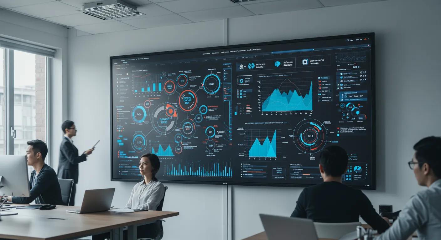 a dynamic office environment showcases a large digital screen displaying colorful vector diagrams and data analytics, illustrating the concept of vector space models in ai information retrieval, with professionals engaged in focused discussions nearby.