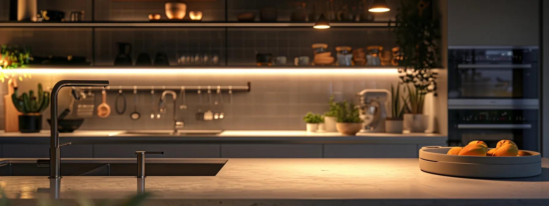 a modern kitchen filled with sleek energy-efficient appliances and a water-saving faucet, illuminated by soft, ambient lighting, showcasing the integration of sustainable practices in a stylish home setting.