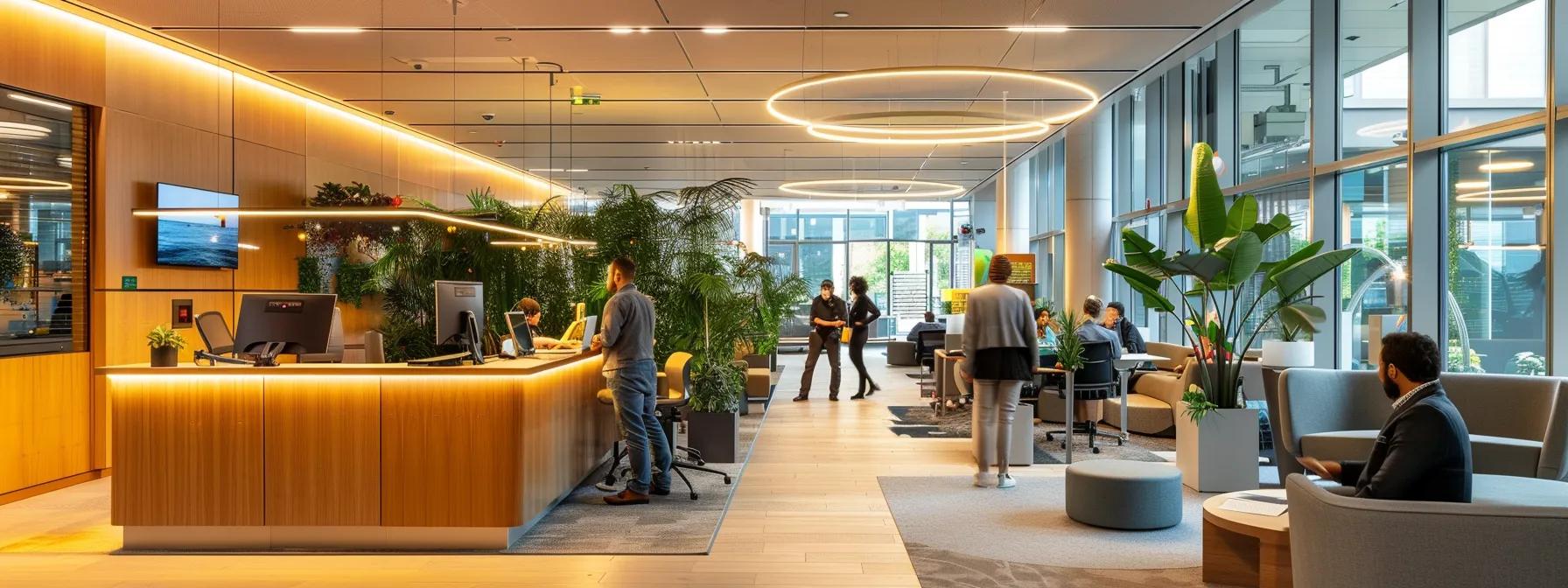 a modern office space features diverse professionals engaging in collaborative discussions around sustainable workspace solutions, illuminated by sleek, energy-efficient lighting, showcasing elements like recycled materials and eco-friendly technology to emphasize the theme of greening daily commutes and work habits.