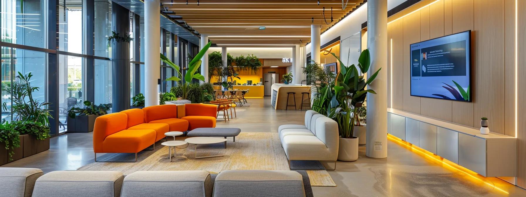 a modern office space featuring sleek furniture and advanced eco-friendly technology, with an interactive digital display showcasing innovative strategies for sustainable living, illuminated by bright overhead lights.