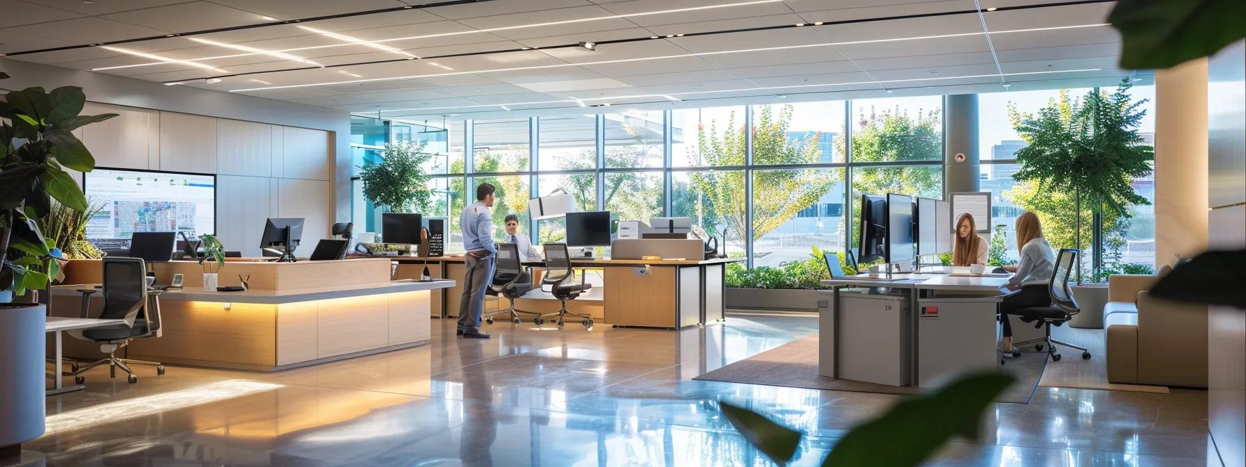 a sleek, modern office workspace features innovative eco-friendly gadgets and smart technology seamlessly integrated into the daily routine, embodying a vibrant commitment to sustainability.