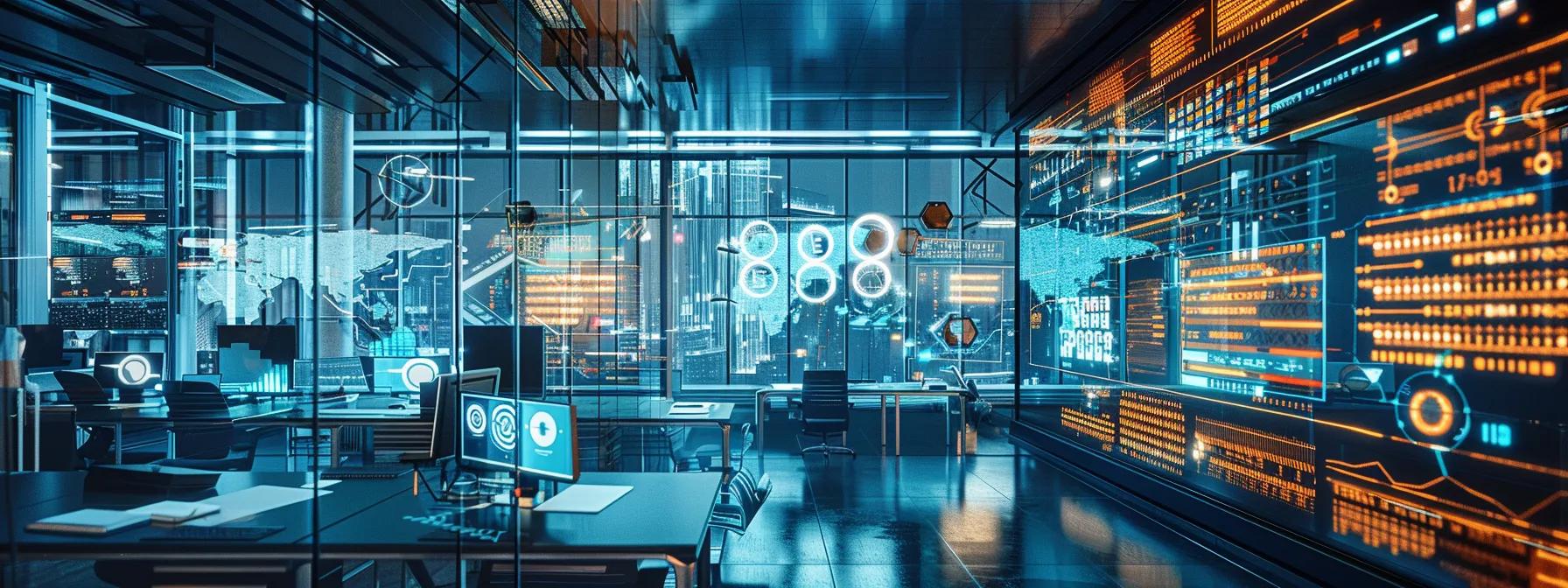 a modern office filled with technology, featuring a large screen displaying complex data patterns and machine learning algorithms, illustrating the process of ai-driven defect prediction and analysis in software development.