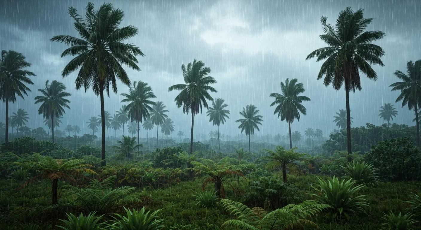 Tropical landscape during heavy August rain showcasing lush greenery and dynamic weather patterns