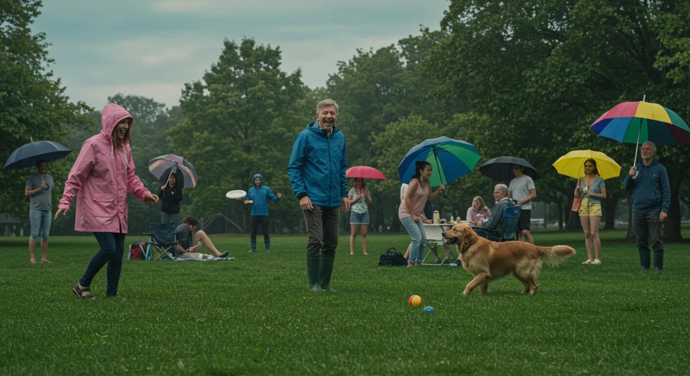 People enjoying outdoor activities during a rainy August day, showcasing the dual nature of August rain
