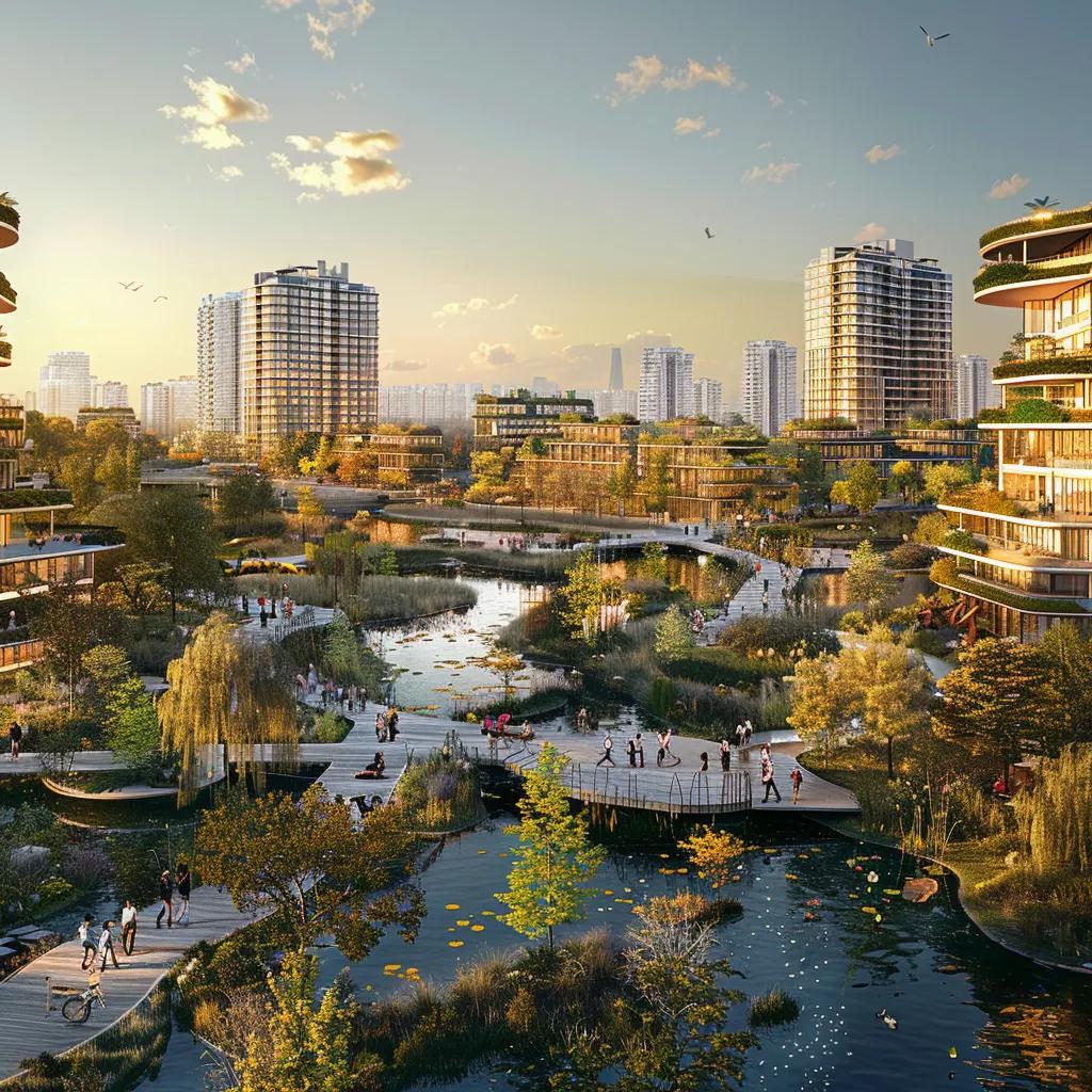 Panoramic view of a climate-resilient city with green infrastructure and active community spaces