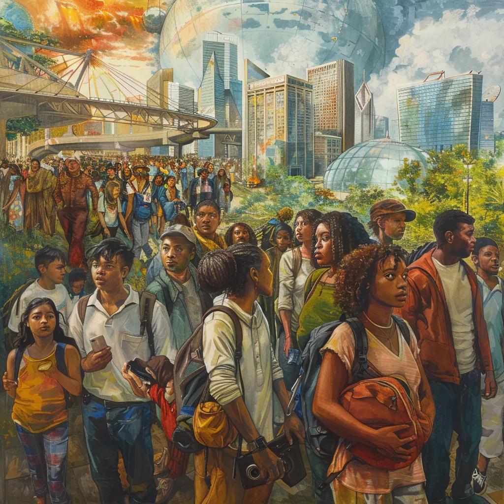 Diverse group of climate refugees in an urban setting, symbolizing community and resilience