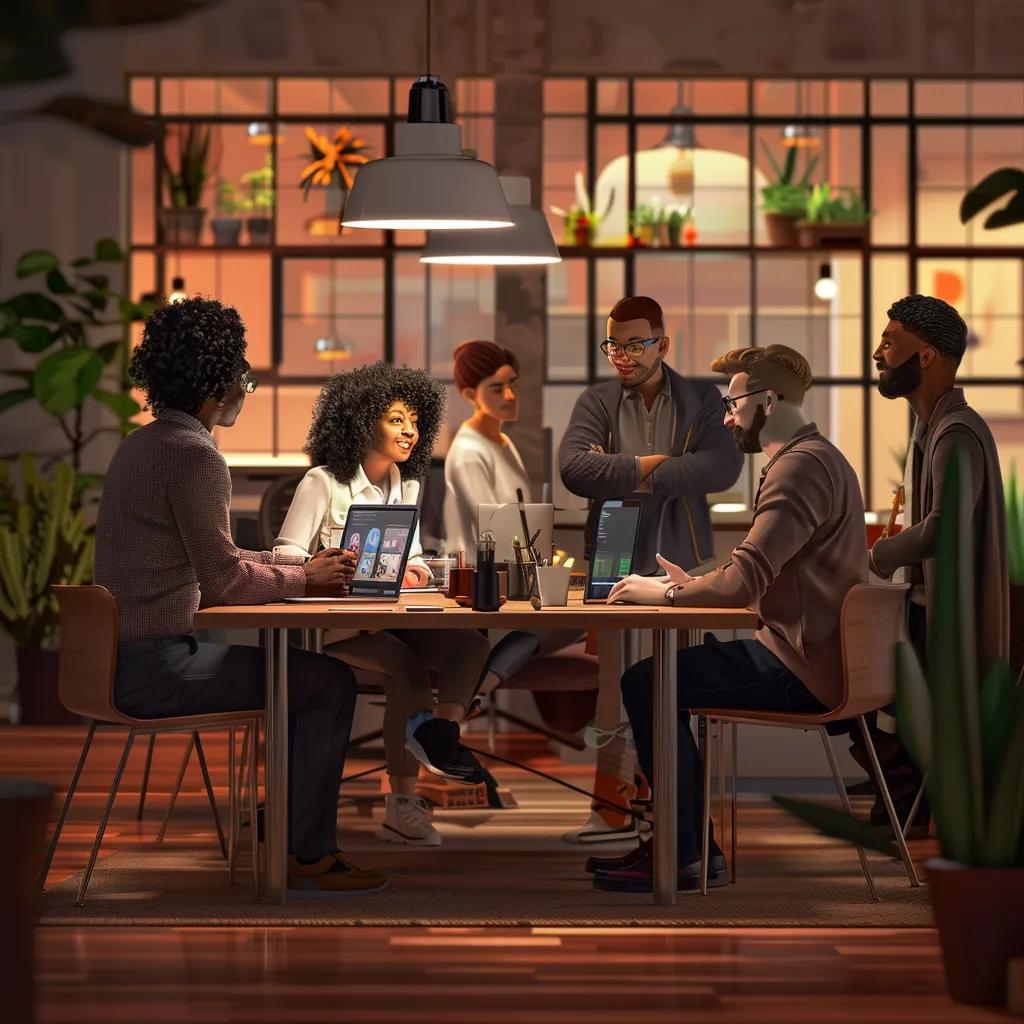Diverse professionals collaborating remotely in a cozy home-office environment, showcasing technology and flexibility