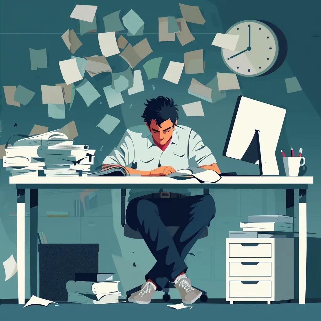 Stressed employee in a busy office, representing workplace burnout statistics and exhaustion