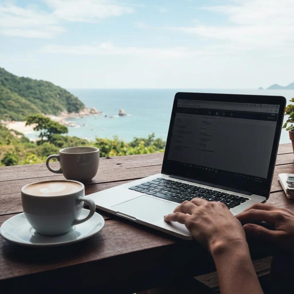Digital nomad working on a laptop in a scenic outdoor location, embodying the essence of remote work and travel