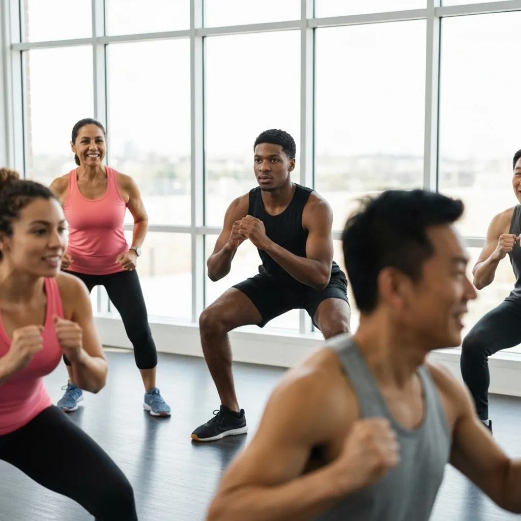 Diverse group engaged in high-intensity workouts for fat burning and muscle building
