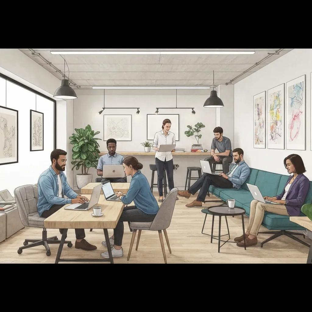Diverse group of digital nomads collaborating in a modern coworking space, highlighting the importance of community and collaboration