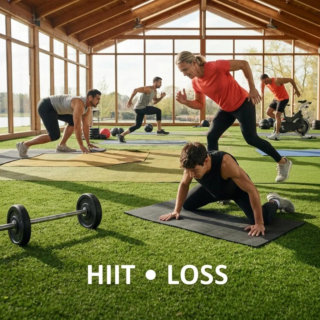 Diverse individuals performing effective fat loss exercises in a park setting, illustrating body recomposition