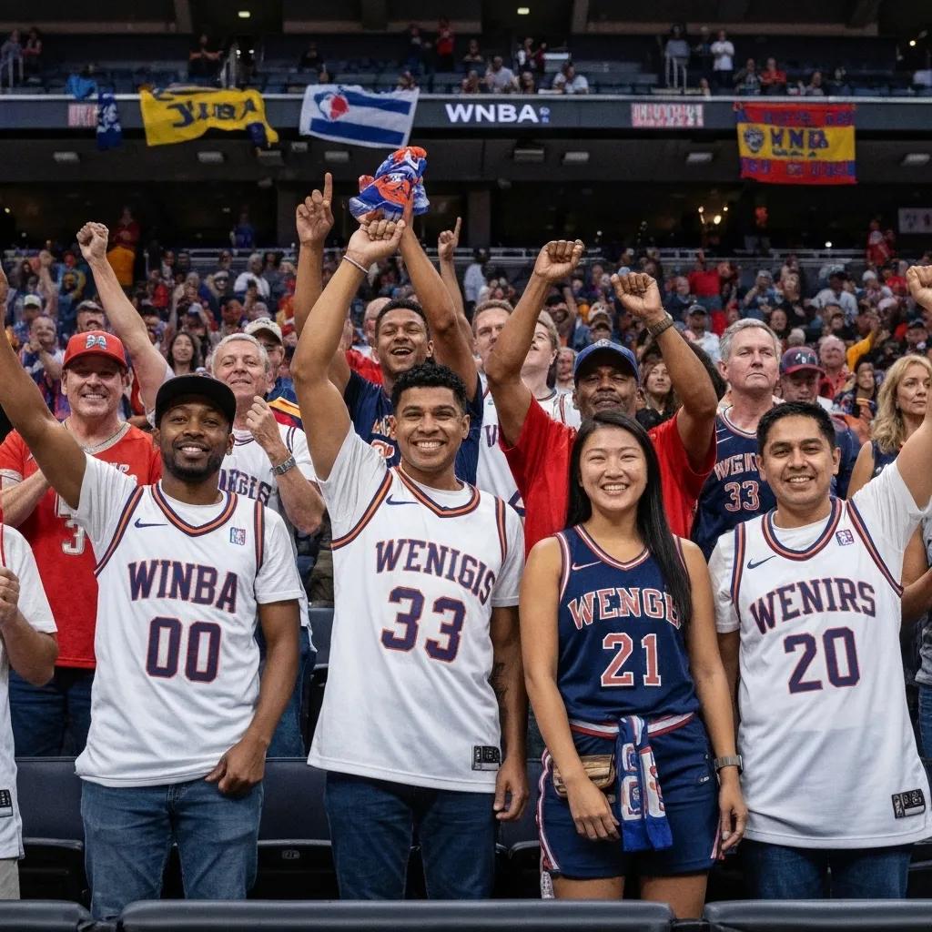 Diverse WNBA fans celebrating in authentic team jerseys at a game
