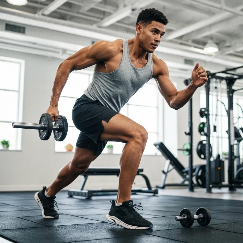 Fit individual engaging in a dynamic workout in a modern gym, representing fat loss and muscle gain