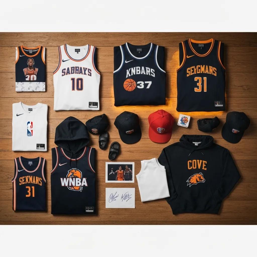 Flache Darstellung verschiedener WNBA-Merchandise-Artikel, darunter Trikots, Hoodies und Accessoires