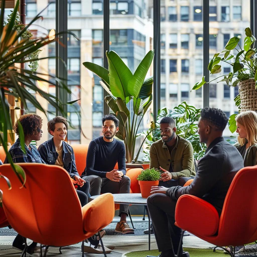 Diverse employees collaborating in a modern office, emphasizing workplace mental health and well-being