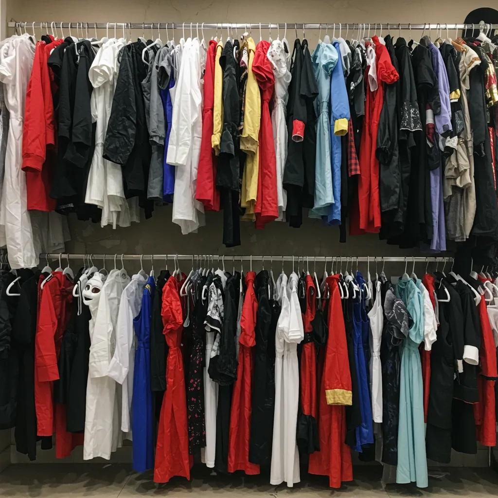A diverse selection of rental costumes including horror, period, and cosplay outfits