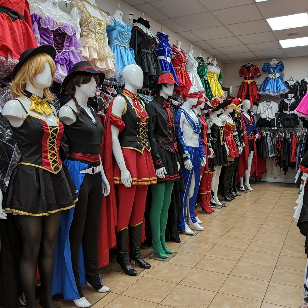 Colorful costumes displayed in a rental shop, showcasing variety for different occasions