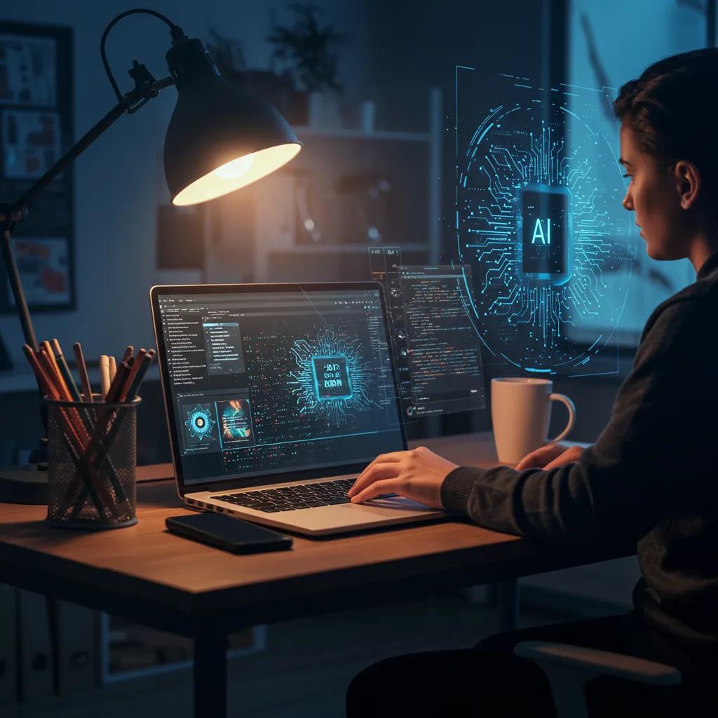 Futuristic workspace showcasing generative AI technology and creativity