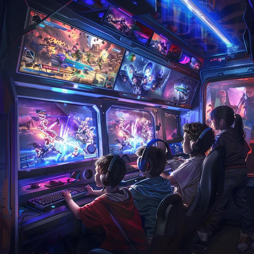 Children participating in a gaming tournament inside a mobile gaming truck, highlighting the unique party experience it offers