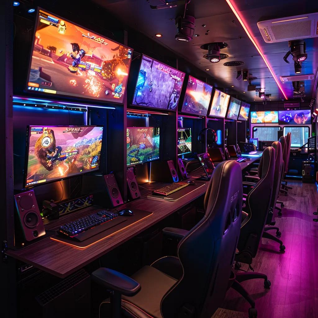 Interior of a mobile gaming truck with gaming consoles and large screens, showcasing the setup for an engaging gaming experience