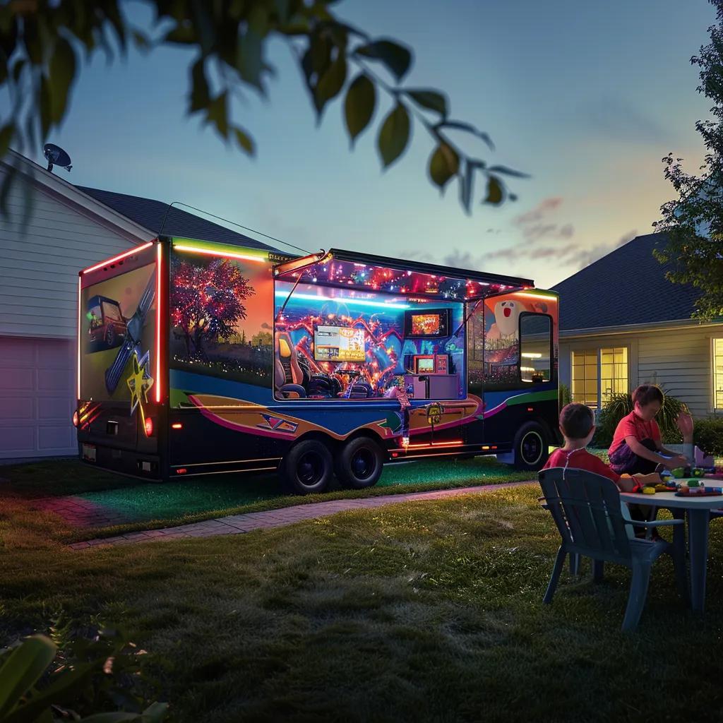 Mobile gaming truck in a backyard with people enjoying gaming, highlighting the fun and excitement of game truck rentals in Houston