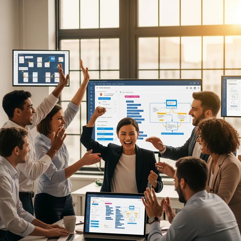 Business team celebrating the benefits of low-code platforms after a successful project launch